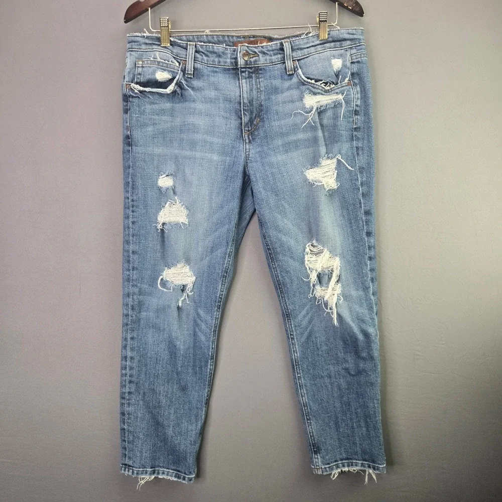 Joe's Jeans Slim Crop Distressed Denim 31 Blue Ripped Frayed Hem Light Wash
